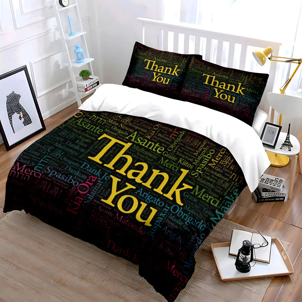 Multilingual Thank You Decor Set Soft Skin-Friendly Bedding Set Includes 1 Duvet Cover And 2 Pillowcase, Gift