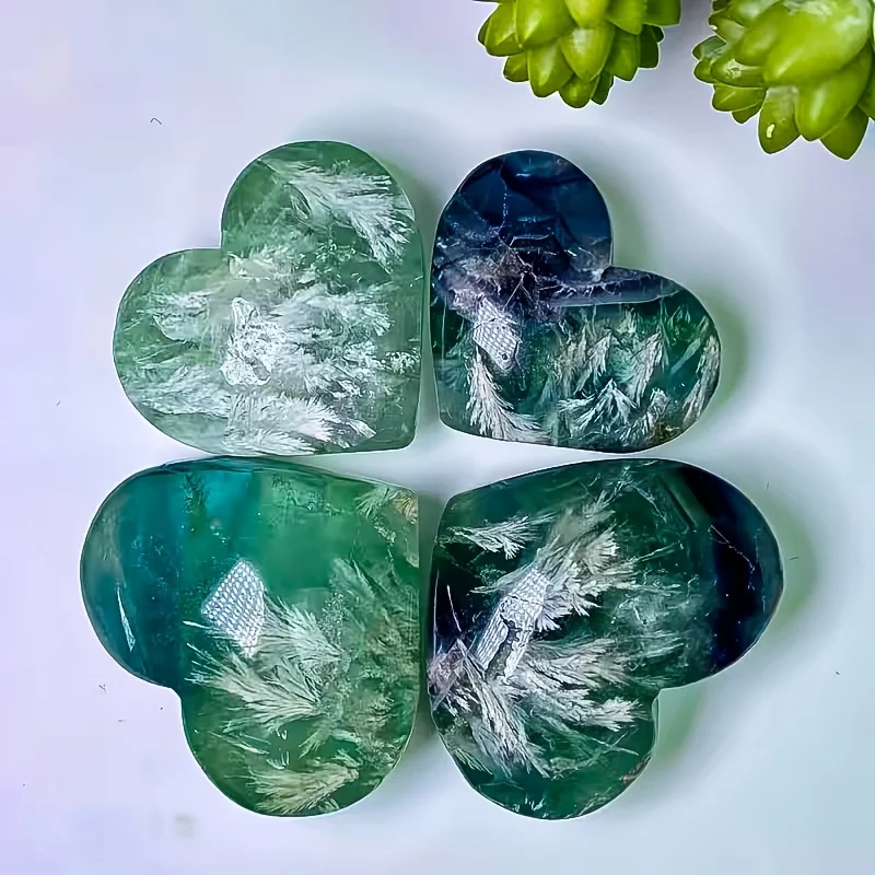 Natural Color Snowflake Fluorite Heart Carved Stone Polished Healing Crystal Craft Home Decor Souvenir Gift