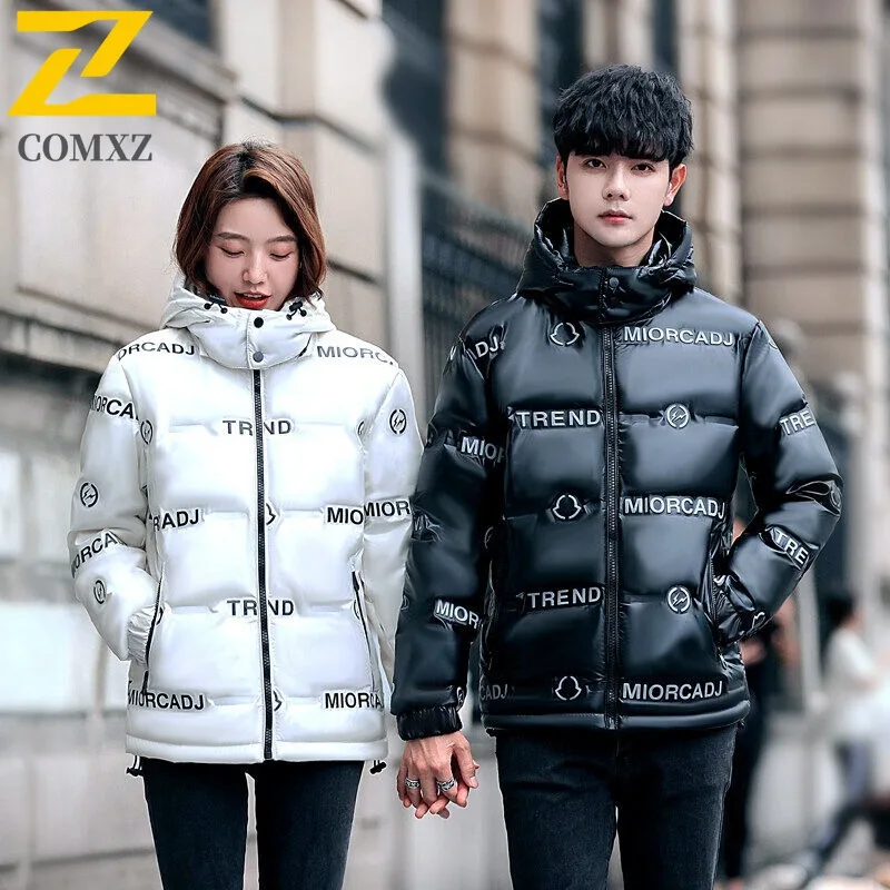 COMXZ Men Down Jacket Glossy Surface Design Adventure Warm Lightweight Parka Fashion Hooded Travel Windproof Winter Garment