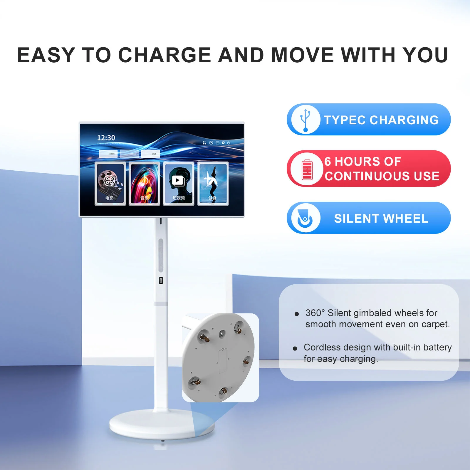 32 Inch Mini TV Movable Touch Screen Voice Control Monitor Portable Television