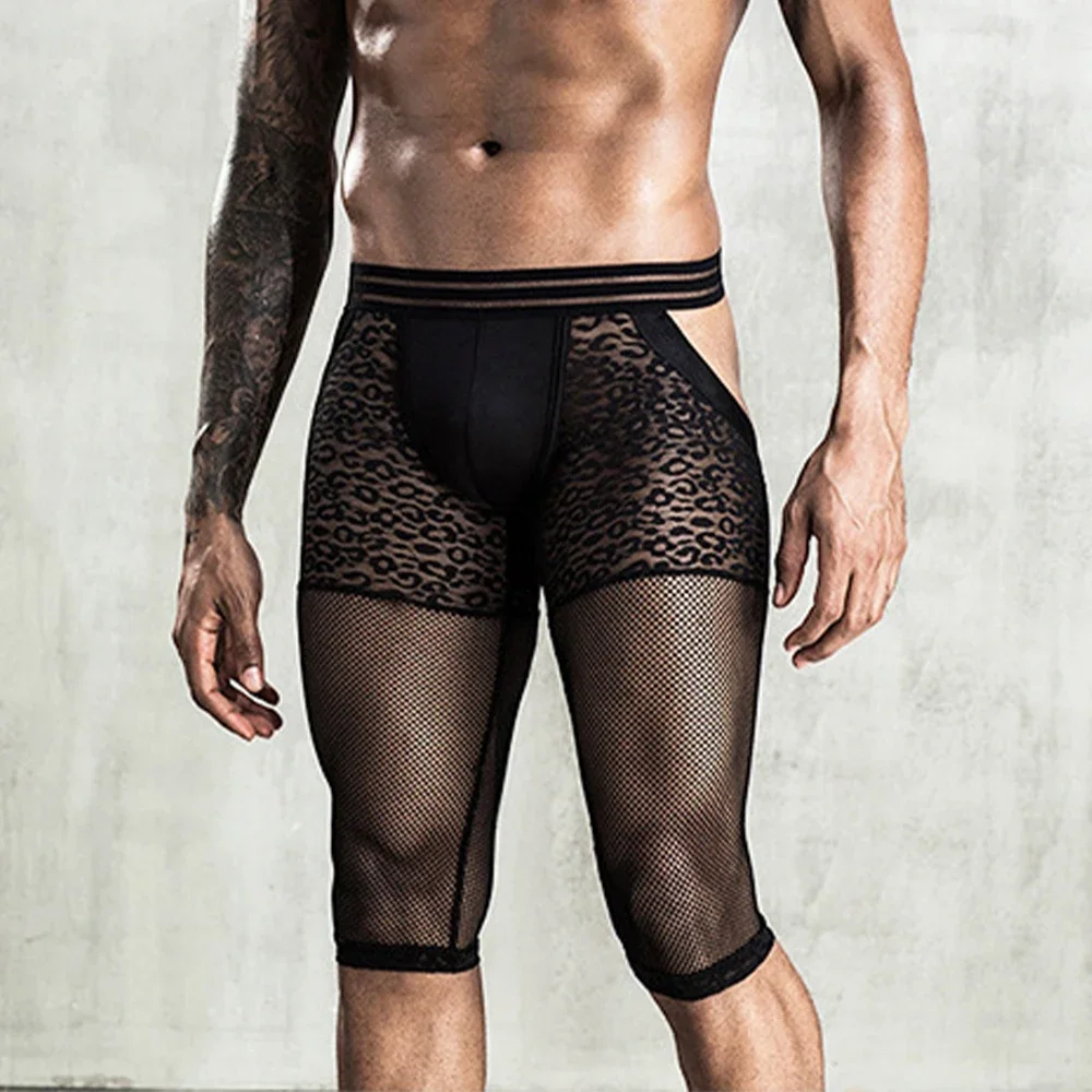 Men\'s See-Through Mesh Open Butt Shorts Bulge Pouch Leopard Underwear Stretch Longshorts Erotic Short Pants Gays