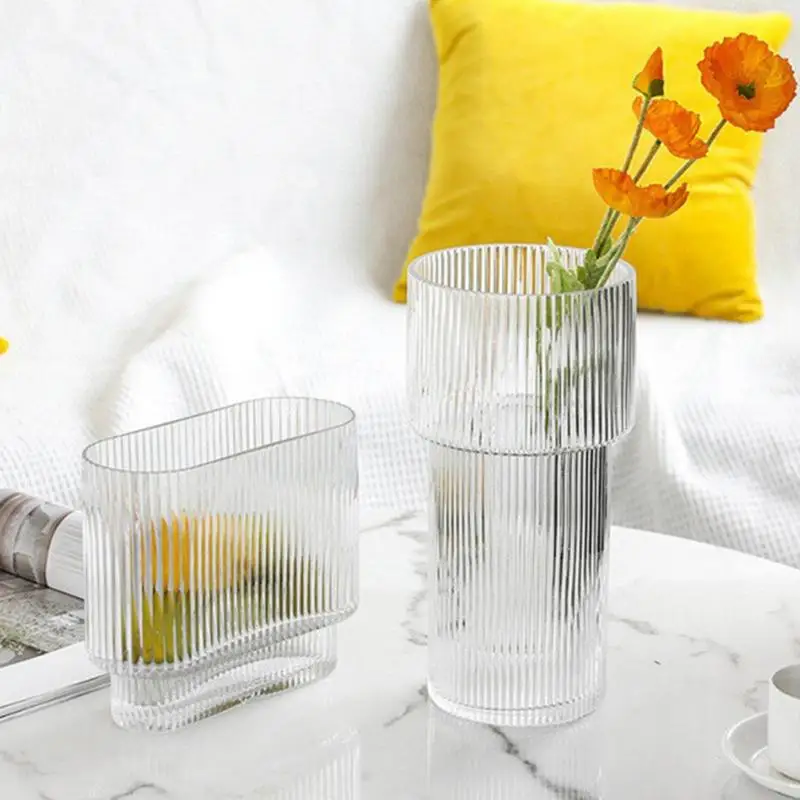 Modern Vase Clear Ribbed Glass Flower Vases Fluted Decorative Wide Short Flower Vase For Centerpieces Living Room Dining Table