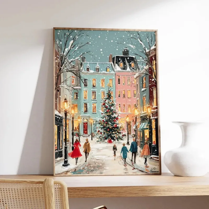 Unframed Canvas Wall Art Vintage Christmas City Street Print Snowy Town Scene Poster for Living Room Bedroom Xmas Wall Art Decor