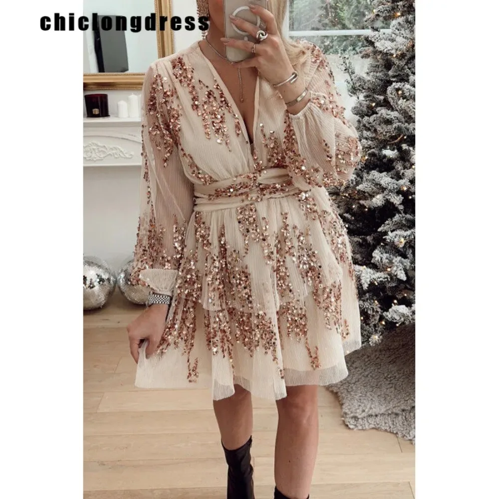 

Women's Sequin Ruffled Dress, High Waisted, A-line Dress, Elegant, V-neck, Long Sleeved, Fashion, Autumn, 2021