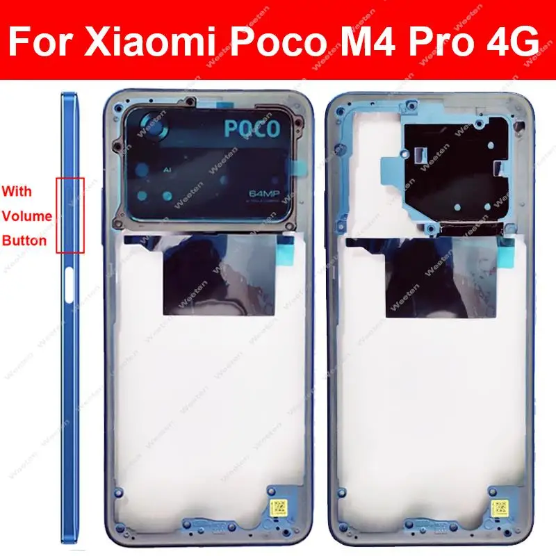 Middle Frame Housing For Xiaomi Poco M4 Pro M4Pro 4G 5G Middle Frame Holder Cover with Lens Frame Volume Key Parts