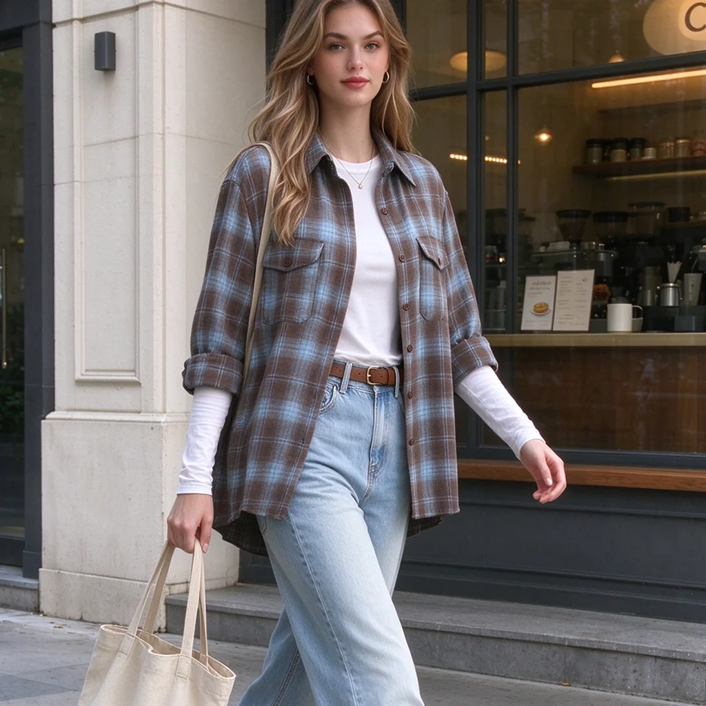 Women's plaid long-sleeved blouse with buttoned cuffs dress, brown and blue plaid pattern, casual top, front chest pocket, autum