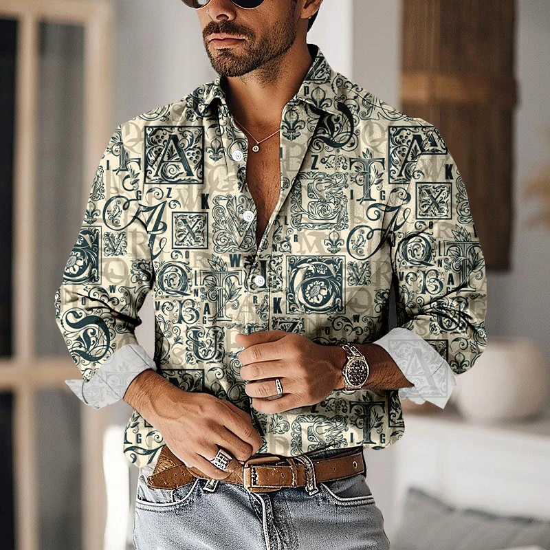 2024 Casual Men's Shirts Street Trend Letter Print Lapel Long-sleeved Shirt Daily Men's Clothing Plus Size Button Up Shirt Top