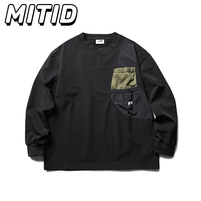 

Spring Autumn Long Sleeve Shirt Men Japanese Style Retro Patch Design Pockets Round Neck Sweatshirt For Men 100% Cotton Tops