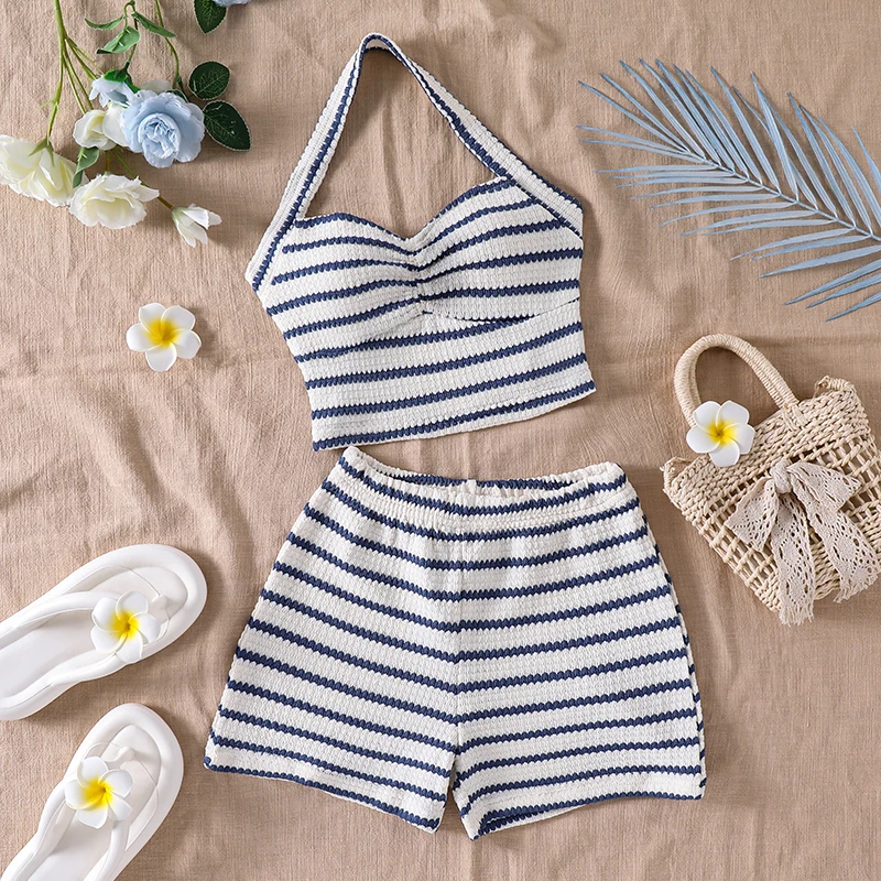 Conjunto Casual de 2 Piezas para Niñas de 8 a 12 Años, Top Corto Tipo Halter con Rayas Azul Marino y Blancas y Pantalones Cortos con Cintura Elástica a Juego, Estilo Playero para el Verano