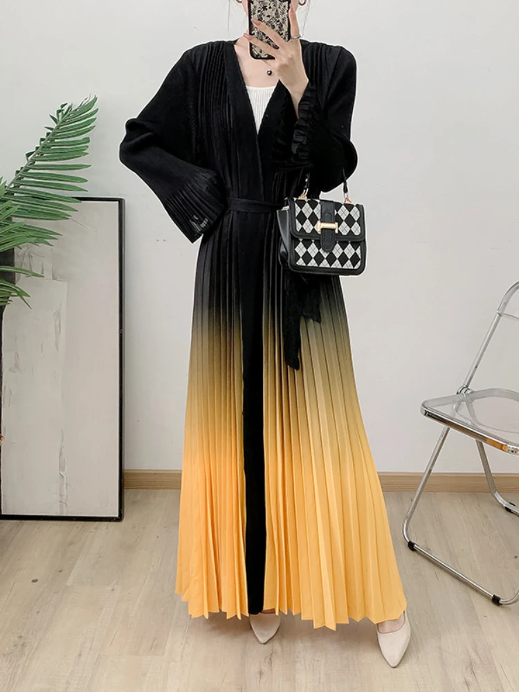 ANLAN Gradient Pleated Trench Coat Women V Neck Long Sleeves Fashion Streetwear Clothing Coats 2024 Autumn New Design 2A6189