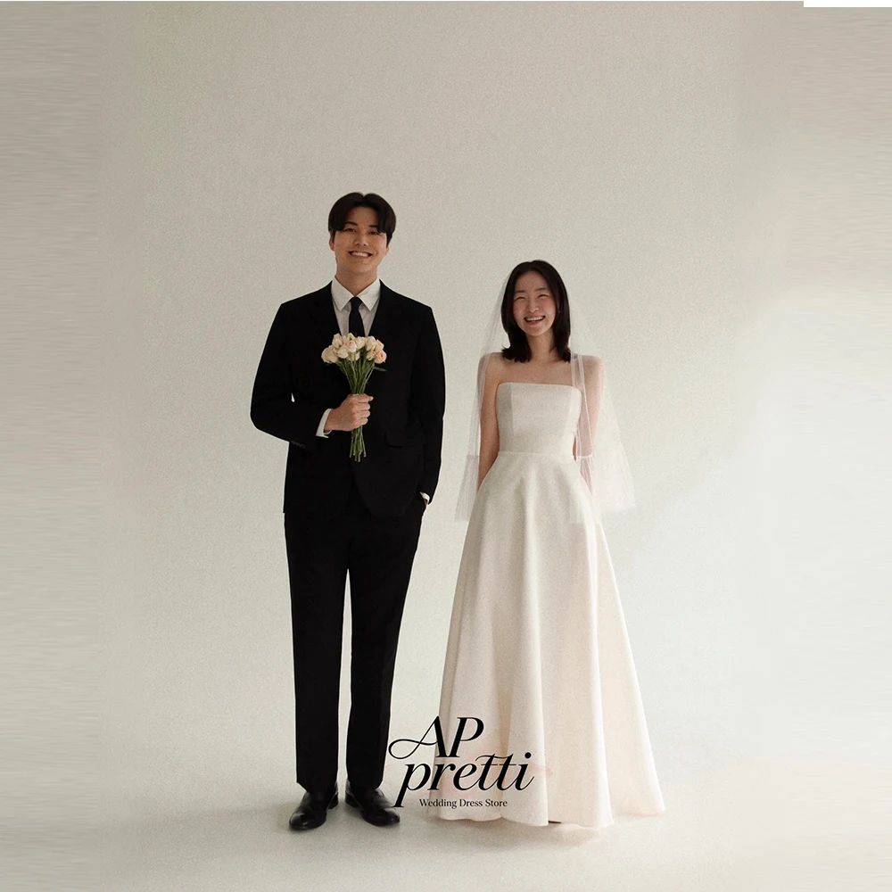 AP pretti Ivory Soft Satin Korea Wedding Dress Photo Shoot Strapless A Line Sleeveless Ankle-Length Bridal Gown 웨딩드레스 2026
