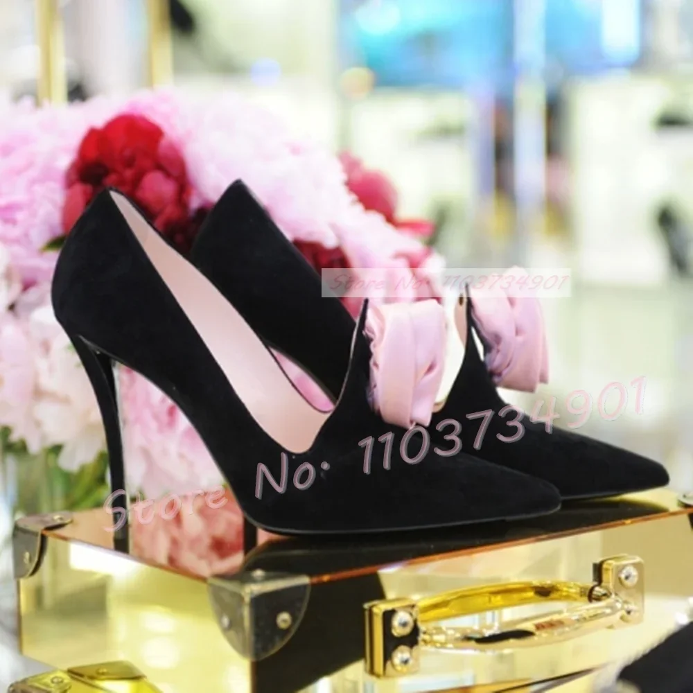 Pink Satin Flower Applique Suede Pumps Women Trendy Black High Heels Party Shoes Ladies Big Size Novelty Girly New Pointy Pumps - view 3