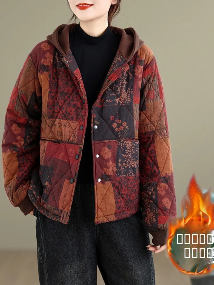

Thickened Cotton Padded Jacket Retro Print Cotton Linen Women's Winter Large Size Slimming Mid-Aged And Elderly Hooded Cotton...
