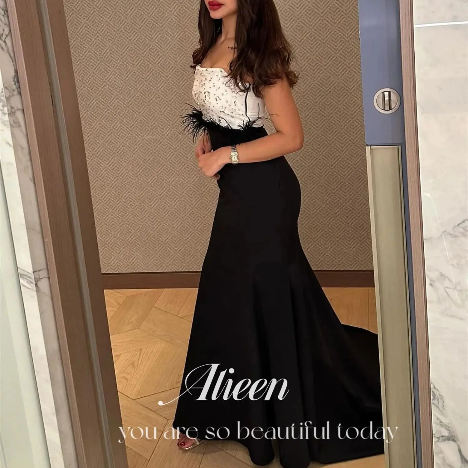 Aileen Black and White Color Matching Feather Customized Evening Dresses 2024 Crystal Prom Dress Party Elegant Woman Wedding