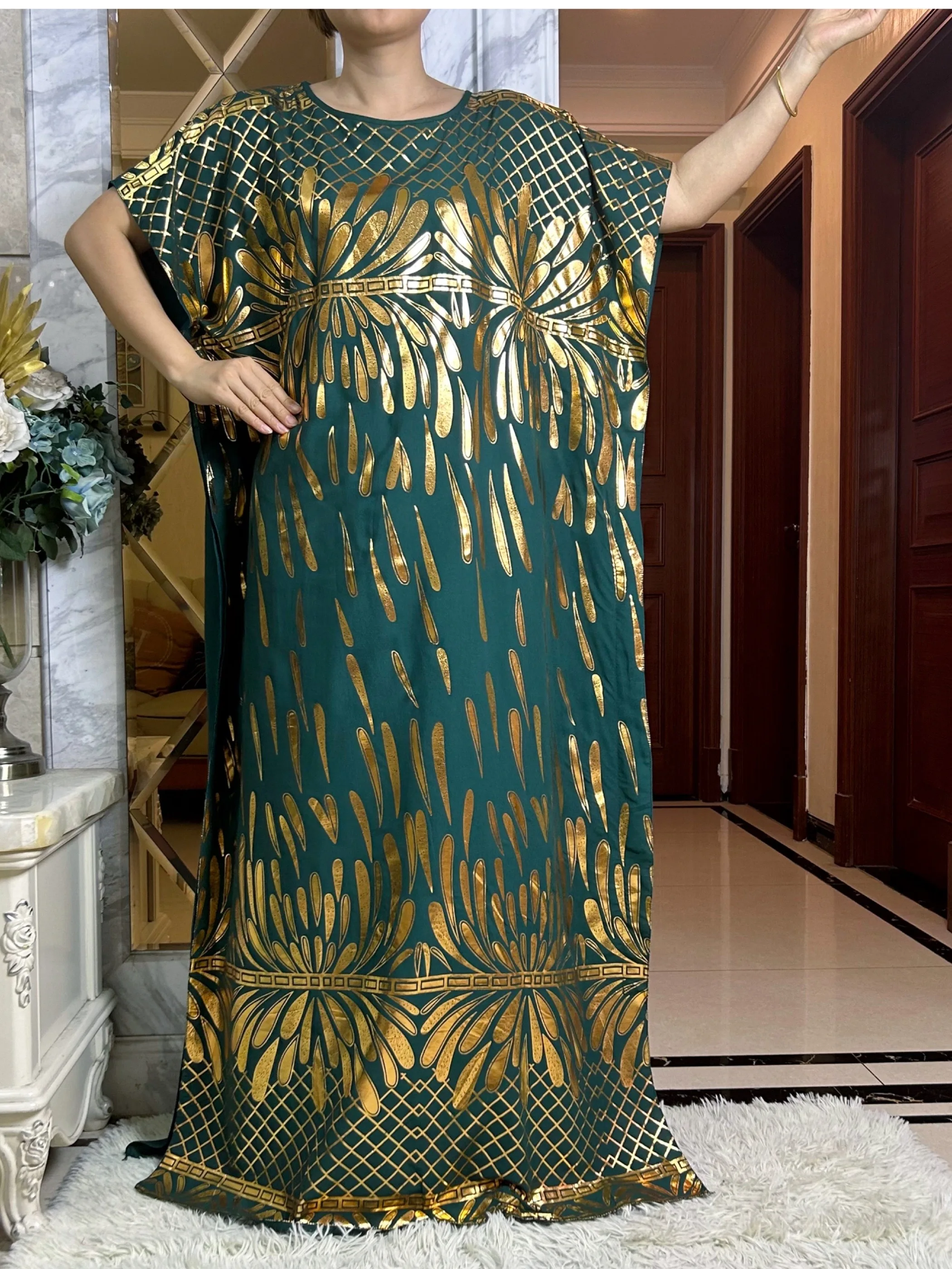 2024 New Summer Loose Short Sleeve Cotton Robe Gold Stamping Boubou Maxi Islam Femme Dress With Big Scarf African Abaya Clothes