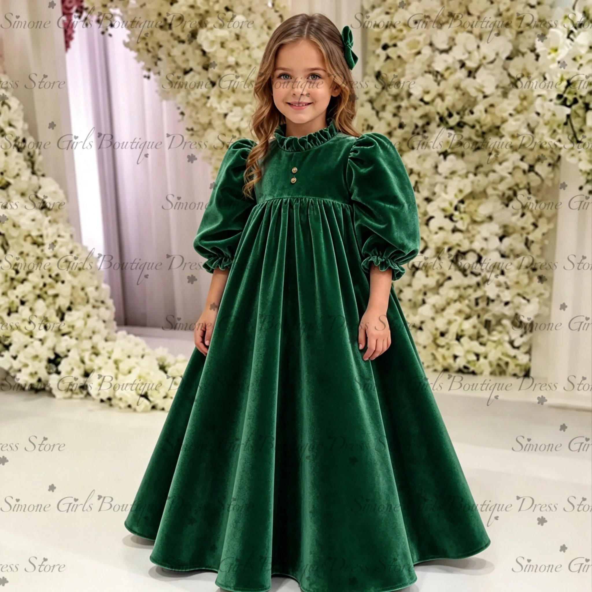 Vintage Velvet First Communion Dress For High Waist Balloon Sleeve Ball Long Satin Pleated Wedding Flower Girl Dress Custom