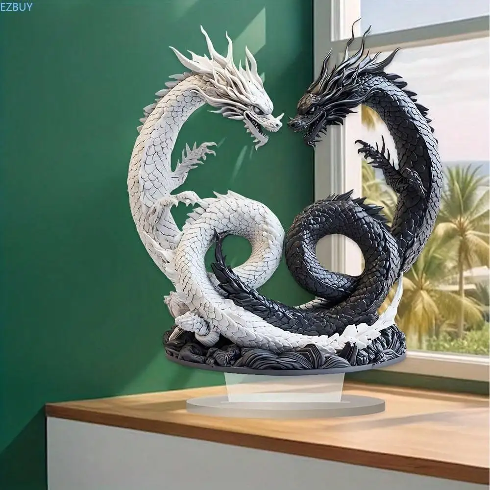 Bohemian Yin Yang Double Dragon Acrylic Desk Decor 9.84