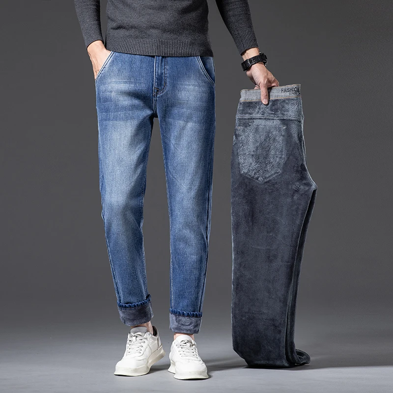 2025 موضة الأعمال السراويل الرجعية الكلاسيكية سراويل جينز الشتاء عادية تمتد جينز ضيق الرجال الصوف الجينز الدافئة العلامة التجارية 36 38 40 #2