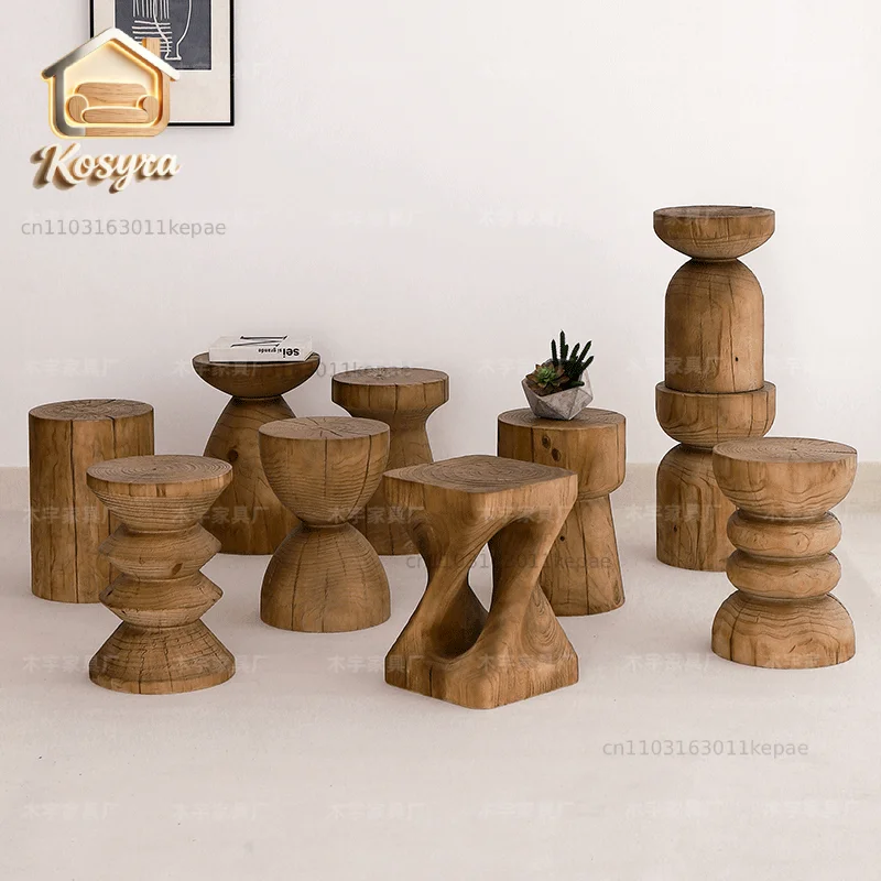 Solid wood pier log old wood stool edge few round ornaments pier root carving bed and breakfast low stool stump bedside table
