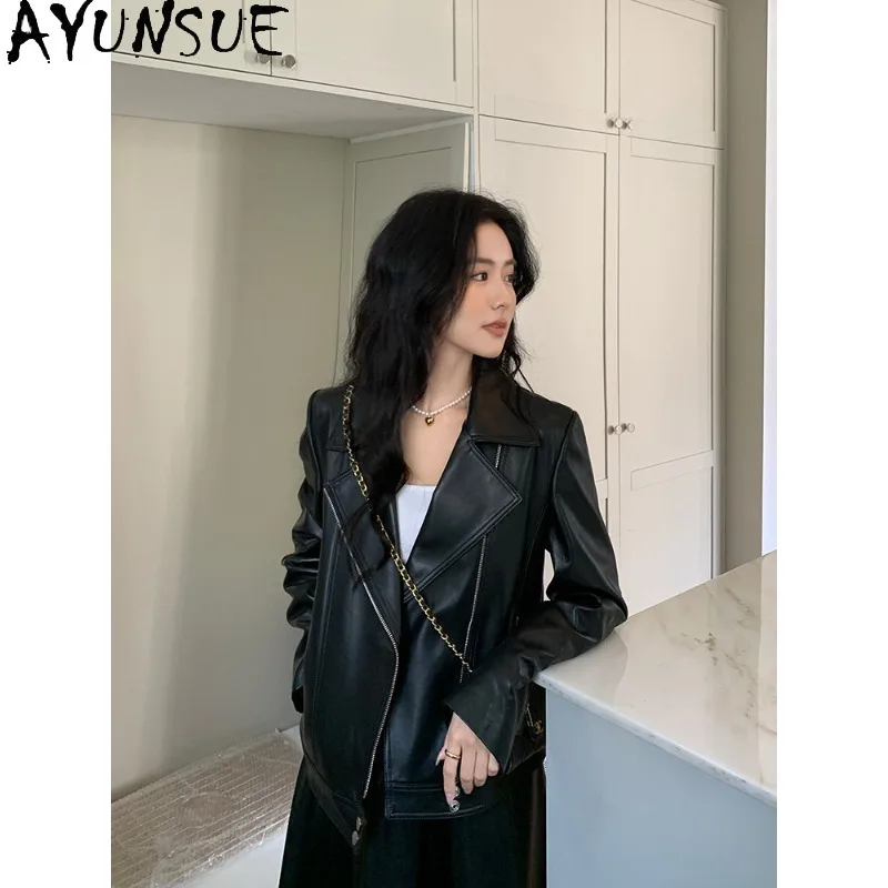 

AYUNSUE Women's Real Leather Jacket Motorcycle Casual Sheepskin Jackets for Woman High Quality Black Outerwears Woman Clothes