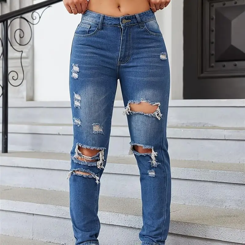 Casual Waed rasgado pierna recta Street Sle pantalones vaqueros no potenciadores pantalones largos azules para mujer colección de invierno