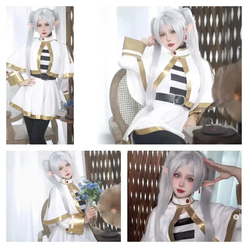 Sousou No Frieren kostum Cosplay sepatu Wig tokoh Anime gaun penyihir Elf telinga pesta Halloween Charistmas untuk wanita