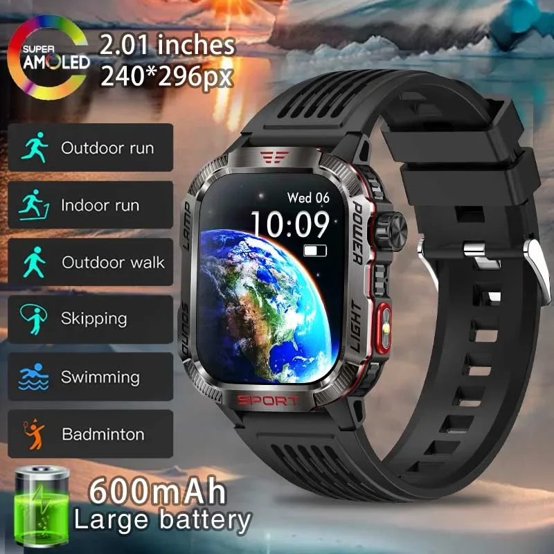 

2024 New 2.01 Inch Outdoor Men Smart Watch 3ATM Waterproof 600Mah Battery Compass LED Flashlight BT Call smart watchs for Xiaomi