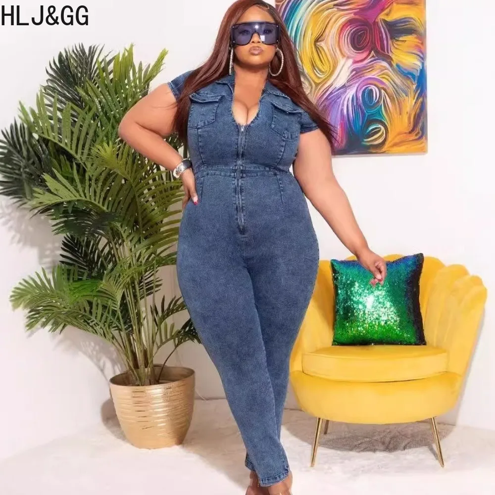 HLJ&GG Dark Blue Plus Size Solid Zipper Bodycon Jumpsuits Women Turndown Collar Elasticity Skinny Pants Playsuits Female Overall