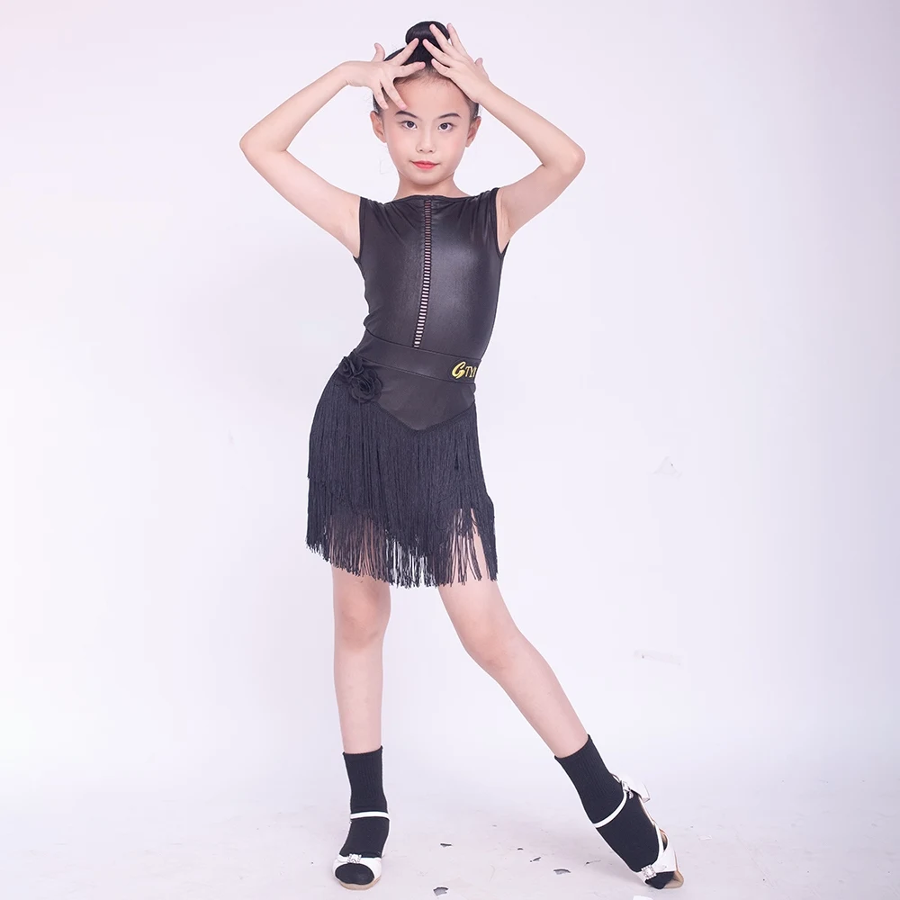 

Girls Latin Dance Dress Costumes Leather Sleeveless Tops Tassels Skirts Samba Dance Practice Clothes Competition Wear DQL10847
