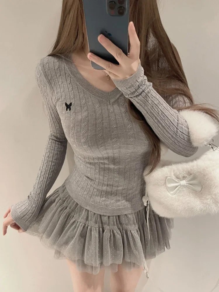 Casual V Neck White Pullovers Women Sweaters Autumn Winter Basic Long Sleeve Y2k Clothes Korean Pink Grey Ladies Tops Jumpers