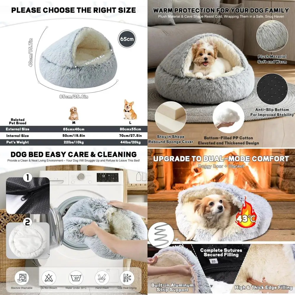 

Plush Hooded Cave Dog and Cat Bed - Anti-Slip, Self-Warming, Washable Cover, Grey, 65cm