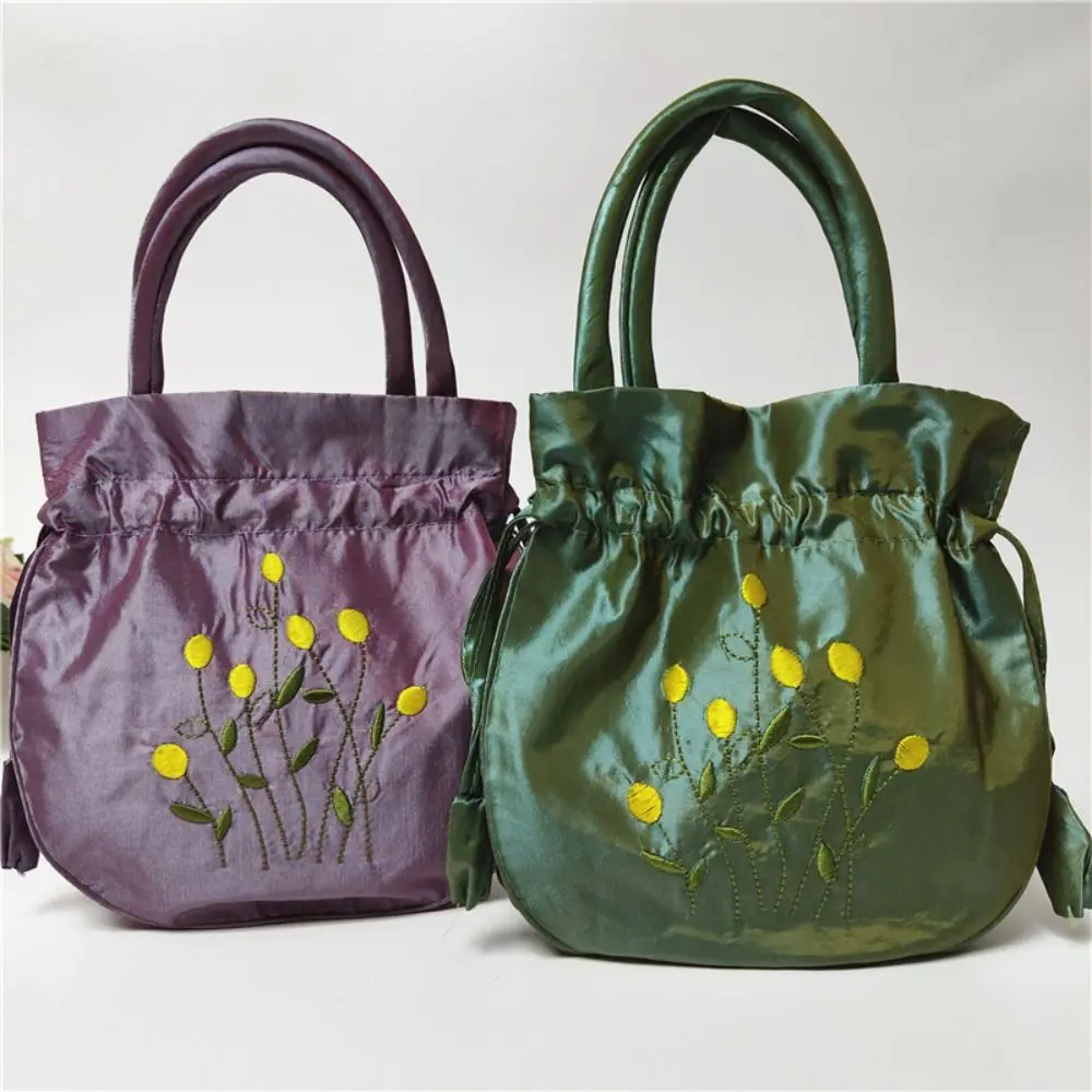 

Fashion Embroidered Flower Drawstring Handbags Ethnic Style Handmade Tote Bag Top Handle Shopping Bag for Woman