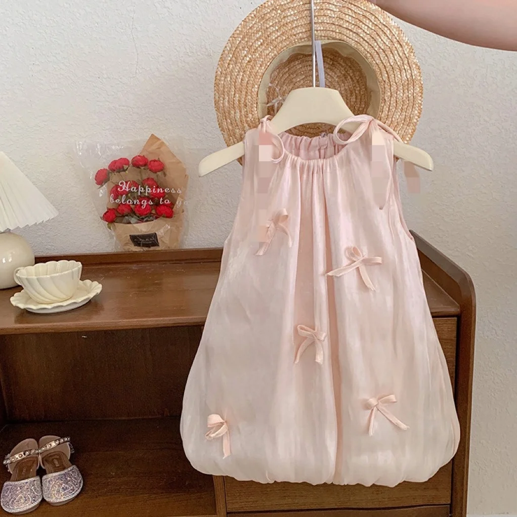 Girls' Summer Dress Kids Girl Bownot Sleeveless Vest Dress Baby Children's Flower Bud Dresses Sweet 2-7Y Princess Clothes