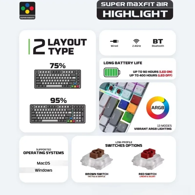 FANTECH MAXFIT AIR83 MK915 لوحة مفاتيح ألعاب منخفضة المستوى 75% إطار ألومنيوم خفيف للغاية لوحة مفاتيح ميكانيكية لاسلكية تعمل بالبلوتوث