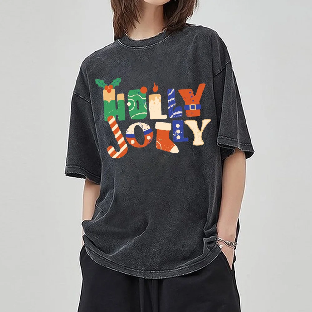 HOLLY JOLLY Monogram Print Summer Women's T-Shirt Oversized Washed Distressed Short Sleeve New Hot Selling High Quality Top