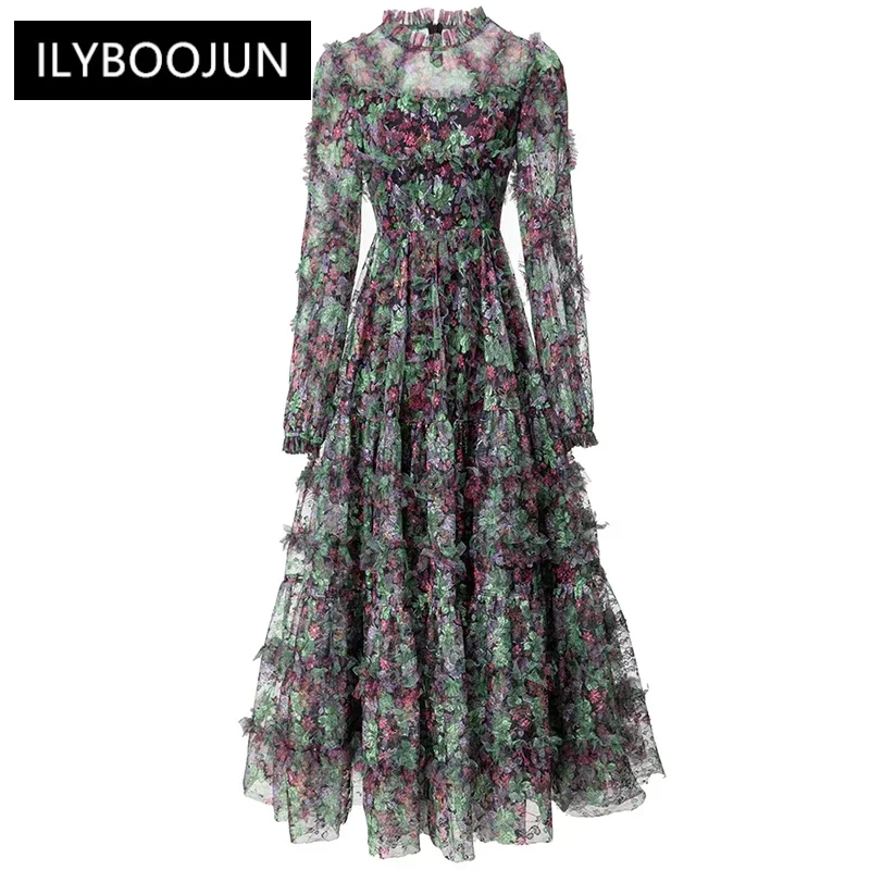 

Autumn Mesh Dress Women O-Neck Lantern Sleeve Ruffle Flower Print Vintage Party Long Dresses For Women 2023 Luxury Brand High