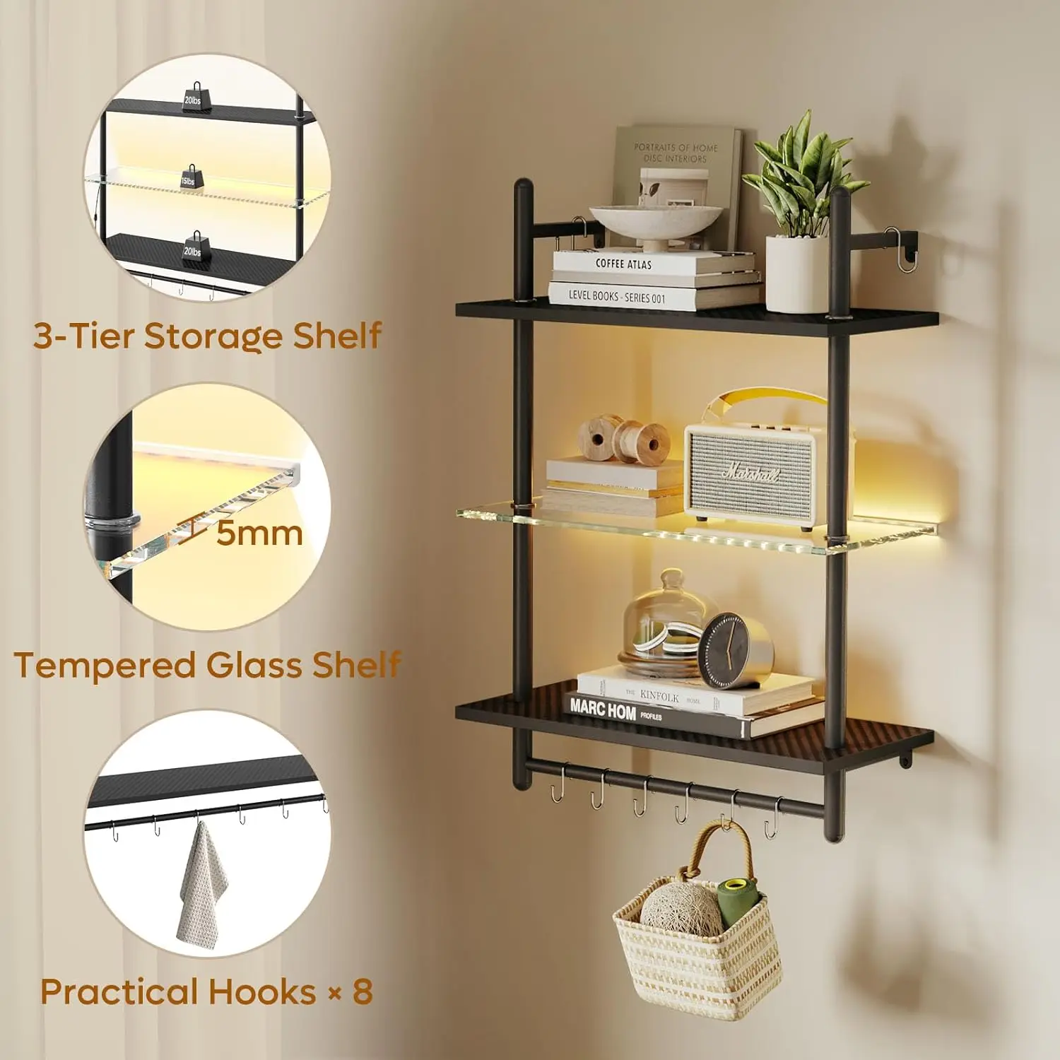 Gaming Floating Shelves, 24 inch LED Wall Mounted Shelves with Towel Bar, Coffee Bar Shelves with Glass Shelf & 8 Hooks