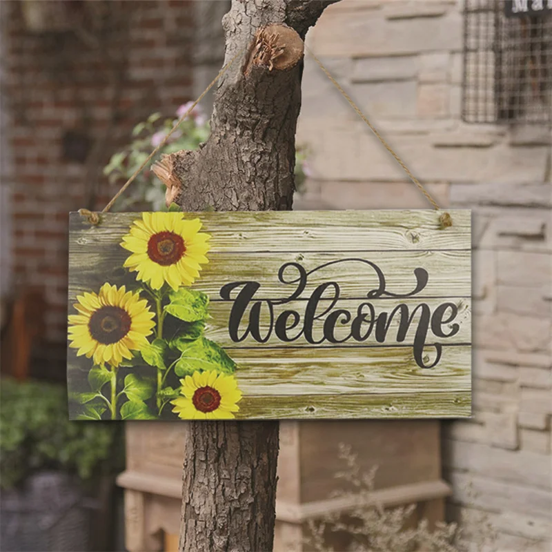 Wooden Sunflower Welcome Sign Door Sign Hangable Wall Art Deco Door Sign Garden Patio Porch Decoration Inspirational Signs