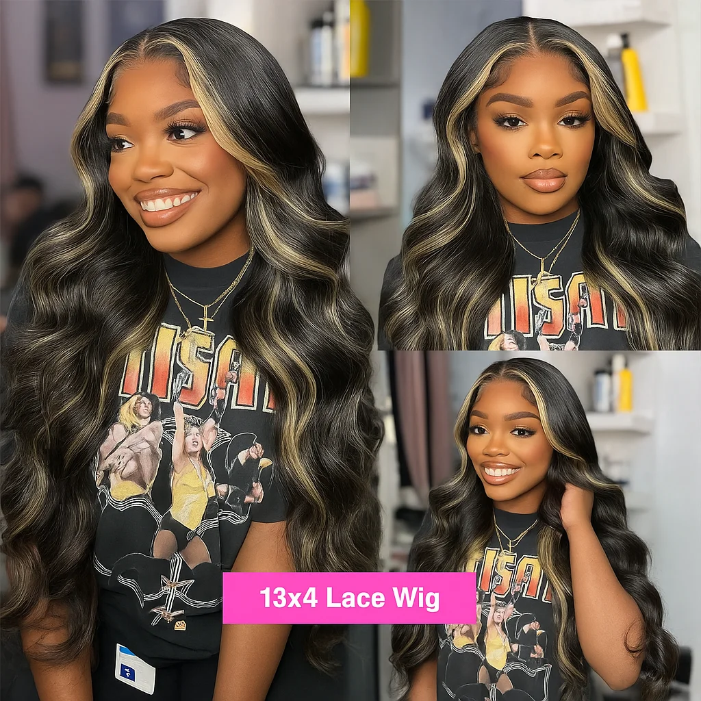 1B/27 الأسود والأشقر يسلط الضوء على الجسم موجة 13x4 HD الدانتيل الجبهة خصلات الشعر المستعار الإنسان 200% البرازيلي الملونة الدانتيل الباروكة الأمامية للنساء