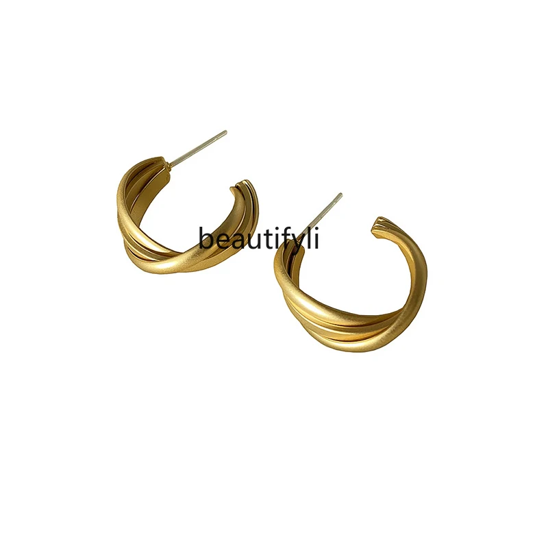 

925 Silver Needle Refined Grace Elegant Earrings Trendy Fashion Normcore Style Texture Matte Gold Earrings Women