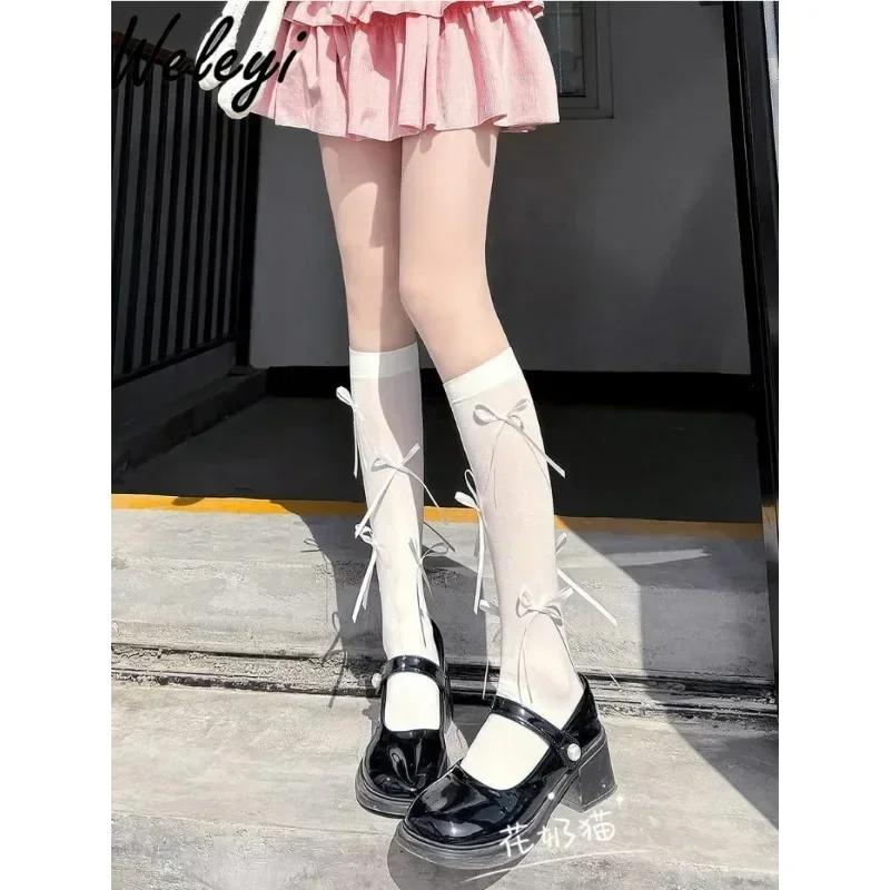 Japanese Girls Jiraikei Bow Cotton Calf Socks 2024 Summer Autumn New Cute Girly Pink Mid-Calf Socks Thin White Long Stockings