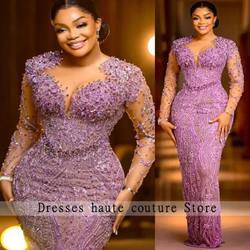 

2025 Aso Ebi сиреневое платье-футляр для выпускного вечера, кружевное платье с бисером, сексуальное вечернее вечернее платье для второго приема, дня рождения, платья по индивидуальному заказу