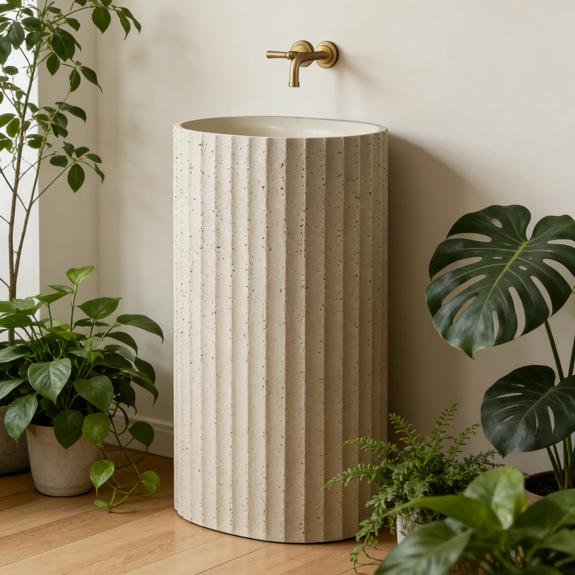Medieval vertical pattern oval column basin hotel bed and breakfast bathroom washbasin small apartment travertine washbasin
