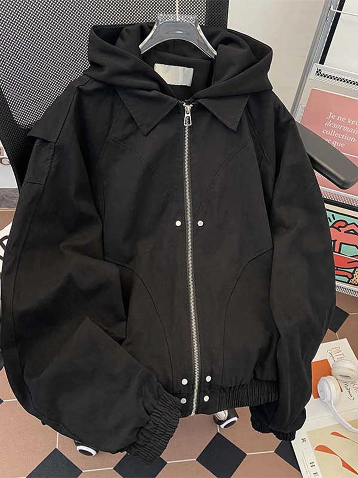 Frauen Schwarz Gothic Hoodie Bomber Jacke Mantel Vintage Harajuku 2000 s Langarm Herbst Mäntel Mode Oberbekleidung Top 2025 Kleidung