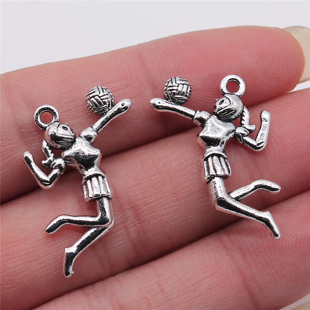 20pcs 24x26mm(0.94x1.02inch) Antique Silver Color Volleyball Player Charms Zinc Alloy Materials Jewelry Accessories