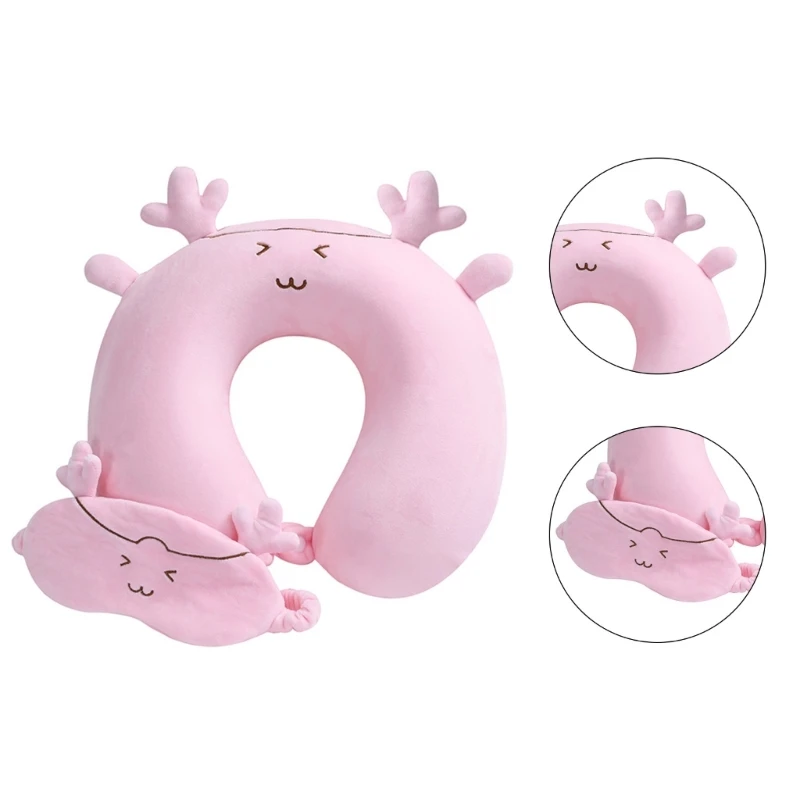 Neck Pillow Cartoon Deer Pattern with Eye Mask for Children Comfortable Memory Foam Washable Neck Support Pillow Cushion