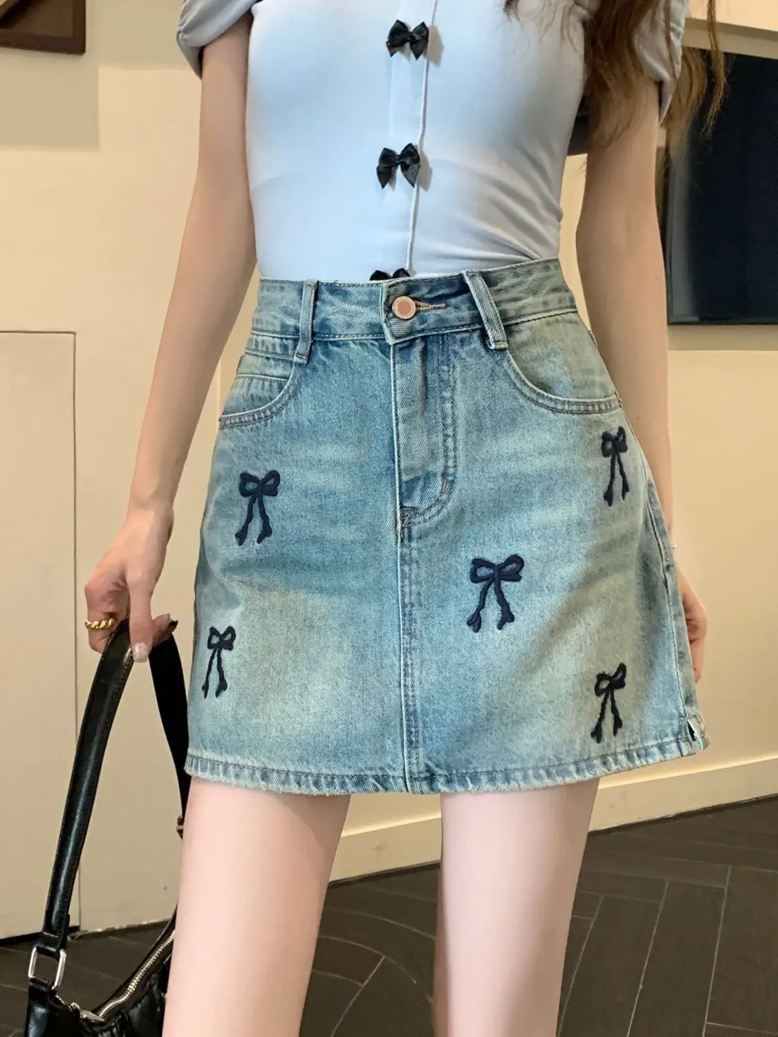 Denim Skirt Bow Embroidered American Street Plus Size Retro Women Summer Niche Design Sense High Waist Slim A-Word Skirt Tide