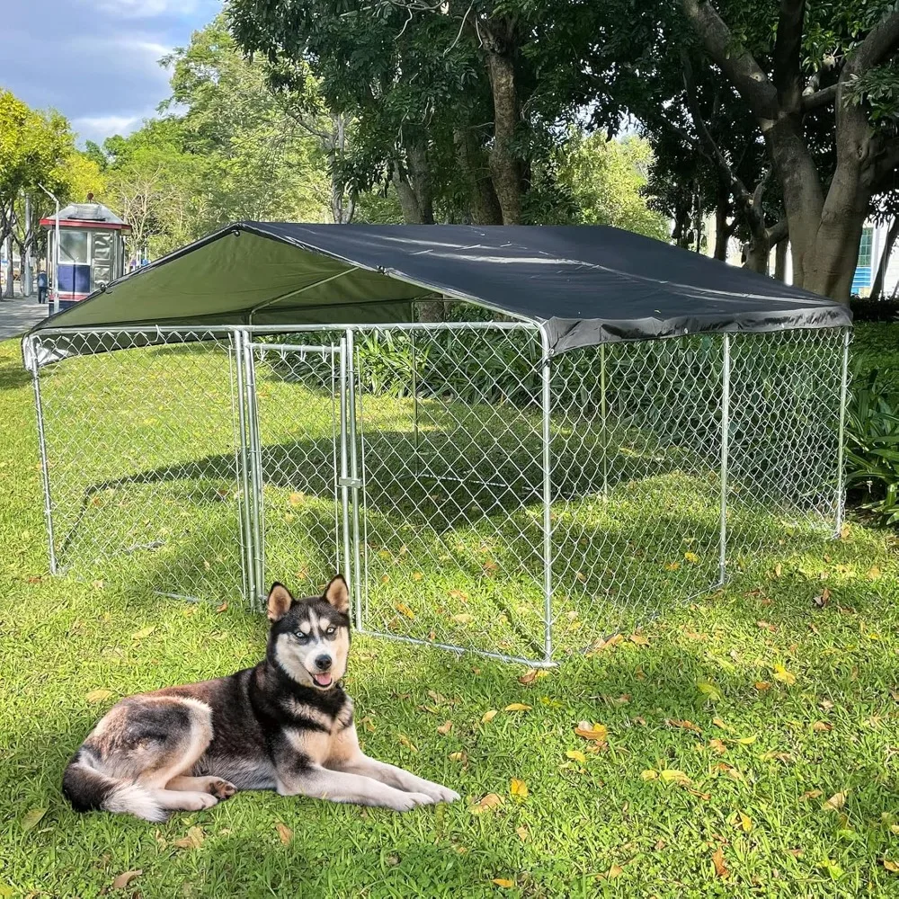 

Outdoor Dog Kennel with Roof Dog Runs for Outside, Metal Dog House Playpen with Cover Heavy Duty Waterproof Canopy, 10'x10'x5.6'