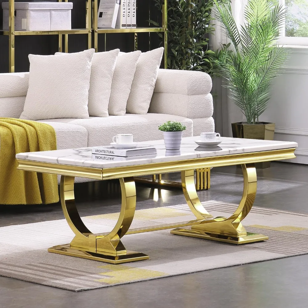 Gold Coffee Table, White and Gold Rectangle Living Room Tea Table, Elegant Coffee Table for Living Room, Guest Hall