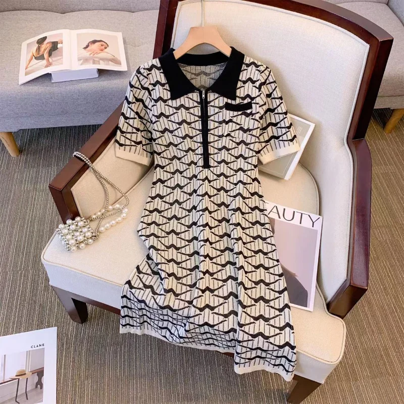 

Женское трикотажное платье-поло с коротким рукавом, ТРАПЕЦИЕВИДНОЕ ПЛАТЬЕ во французском стиле